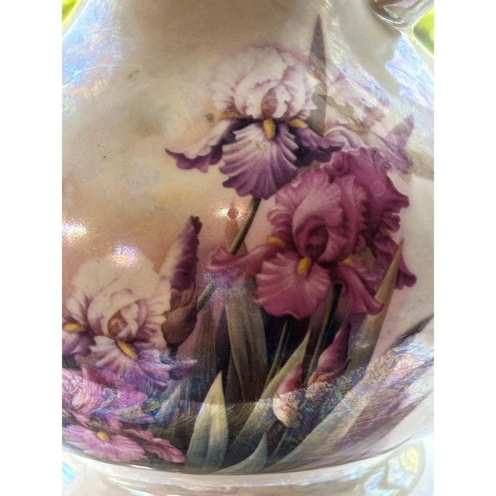 Vintage Arnels Ceramic Pitcher, Iris Floral Painting, Signed Collectible